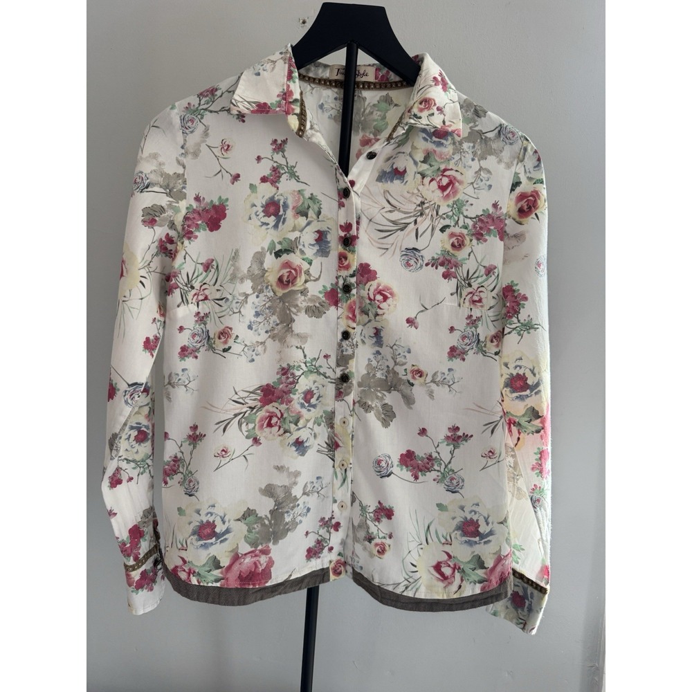 Women's Sz S Floral Velvet Trim Blouse Romantic Cottagecore Made in Spain